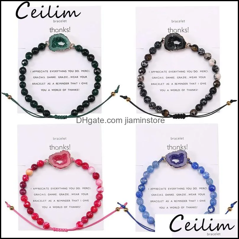 fashion natural stone agate bead bracelet for women resin druzy charm bracelets with card handmade woven rope chain jewelry gift