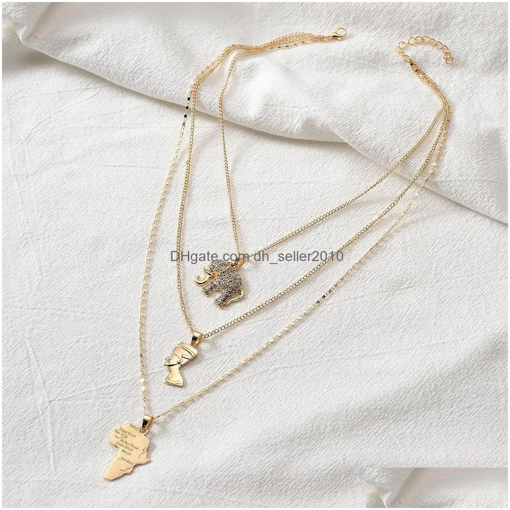 fashion jewelry multilayer necklace metallic elephant egyptian pharaoh yan heart africa pendant necklace