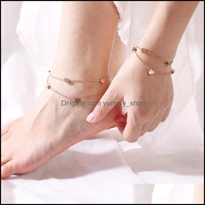  simple design stainless steel charm bracelet 2 layers rose gold link chain mini hearts lover bracelet fashion sweety style for