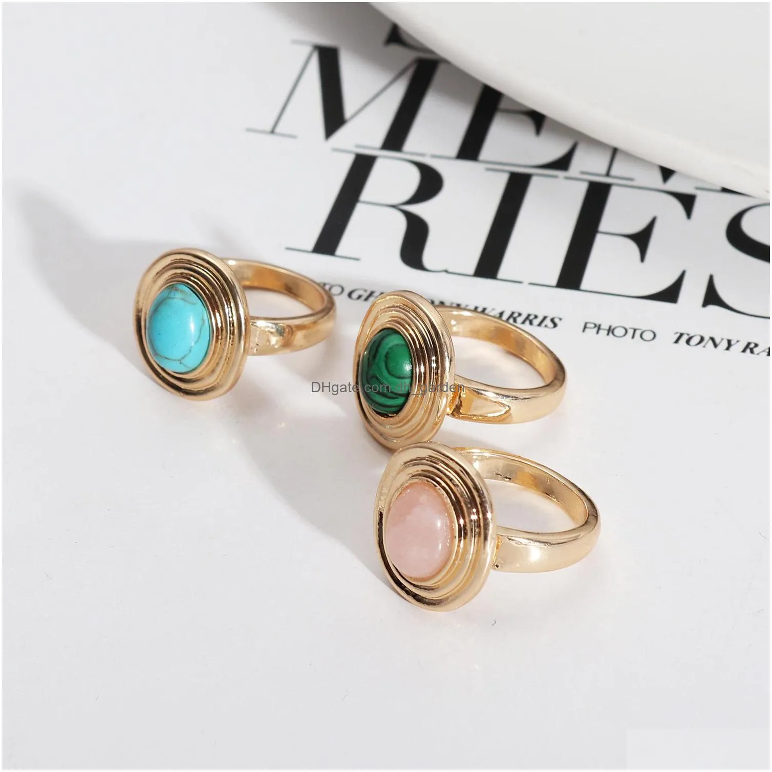 gold oval malachite turquoise rose quartz stone rings fashion inner dia 1.7cm gold color band jewelry for women