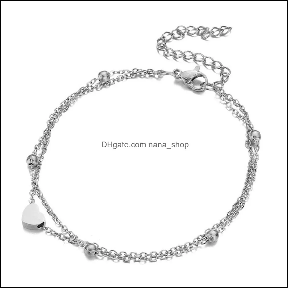 heart charm bead ankle chain bracelet summer beach dainty stainless steel layered beaded bracelets anklet