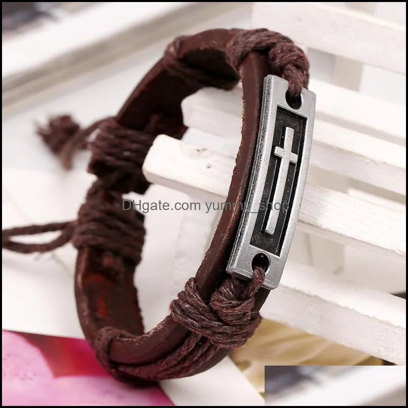 vintage leather bracelets bangles metal cross jesus charm bracelet adjustable wax cord bracelet for men women