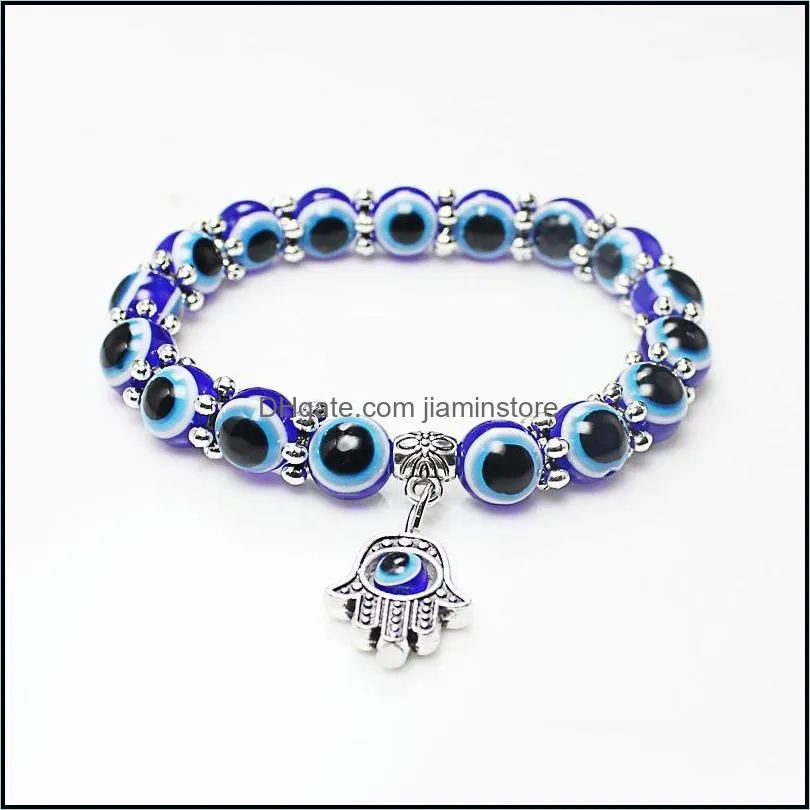 2pcs evil turkish eye hamsa beaded bracelet strands 7 chakras gemstone lava stone fatima hand charm bracelets
