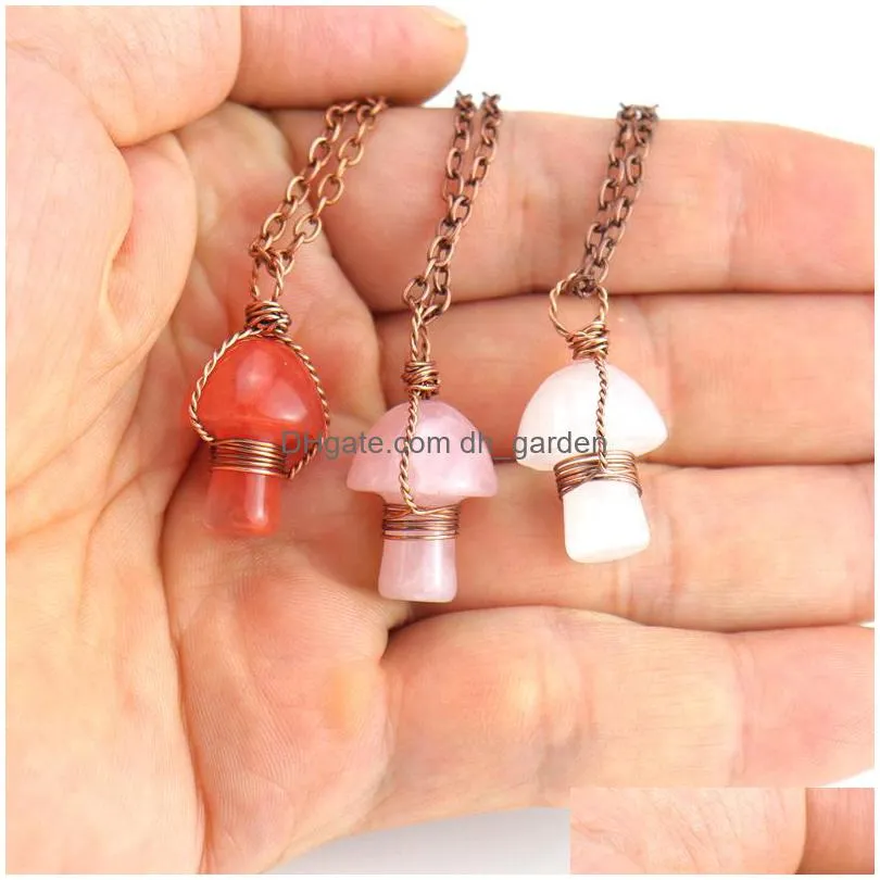 retro wire wrap carving mushroom pendant reiki healing crystal tiger eye rose quartz opal aventurines necklace for women jewelry