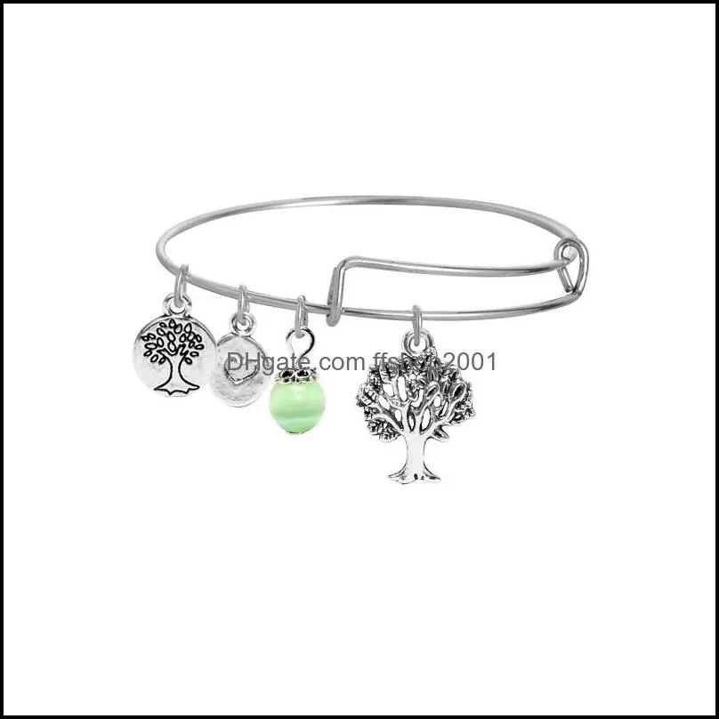 korea fashion diy tree of life wire bracelets for women and girls silver plated happy tree charms alloy bangles with green crystal