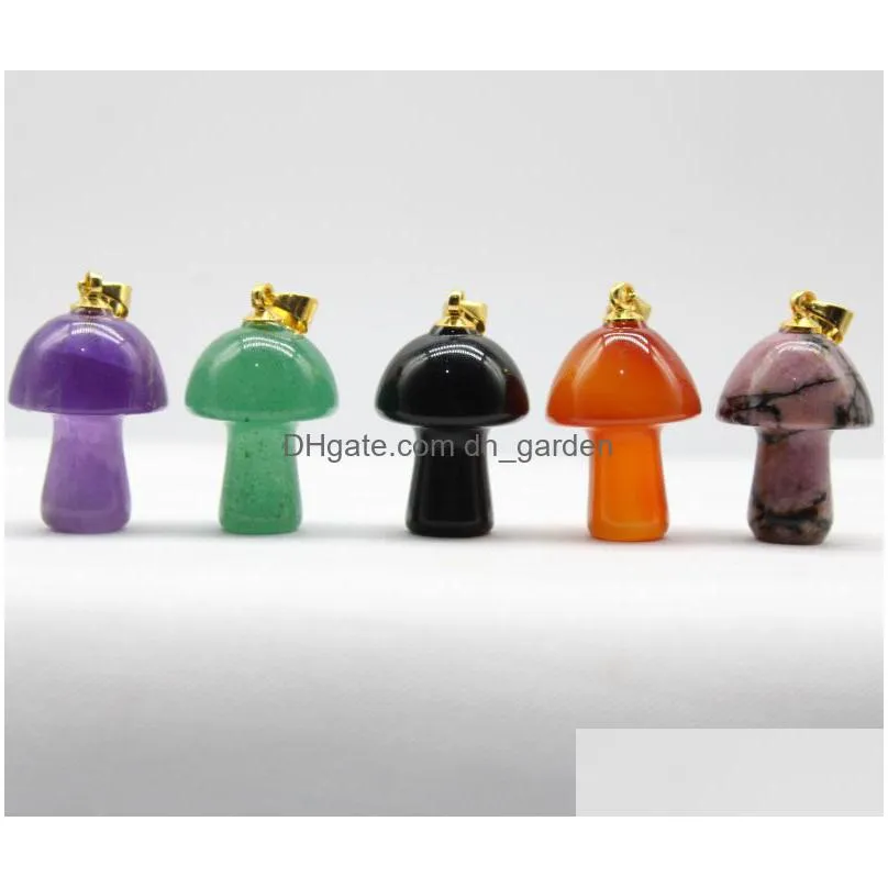 mini mushroom statue natural stone carving gold pendant reiki healing gem necklace for women jewelry wholesale