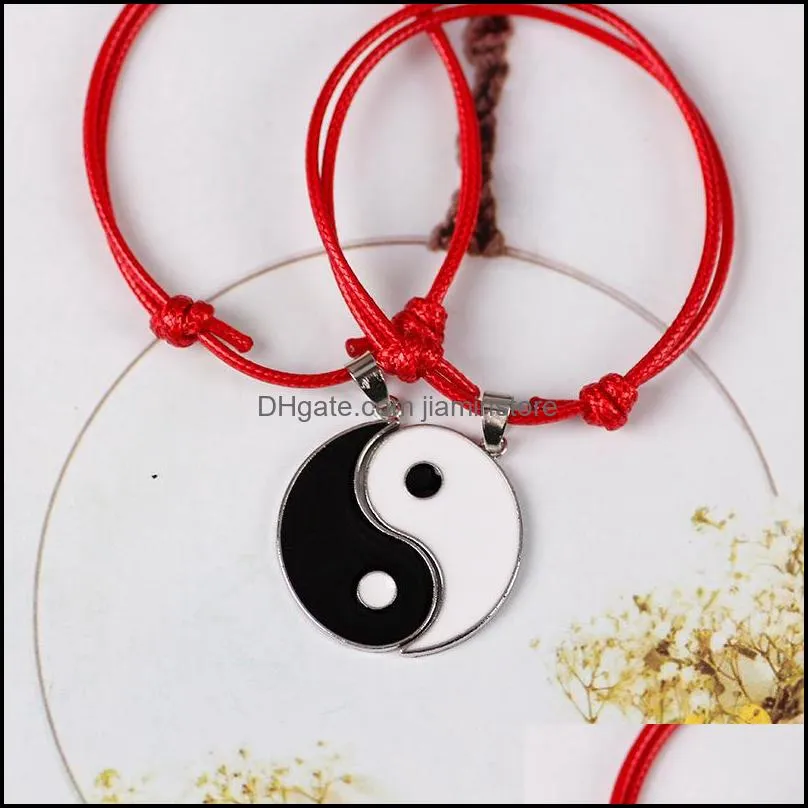 2 pcs/lot vintage adjustable rope couple bracelet hand jewelry yin yang charms bracelets black white red handmade jewelry