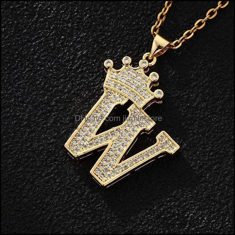 zircon initial necklace pendant 26 letter gold plating crown necklaces for women mens jewelry