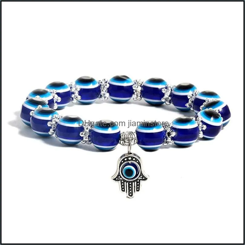 2pcs evil turkish eye hamsa beaded bracelet strands 7 chakras gemstone lava stone fatima hand charm bracelets