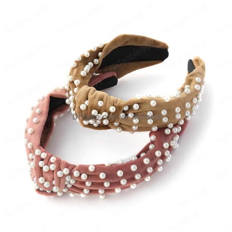 gold velvet fabric inlaid pearl headband for women gentle wideside knotted head hair accessory