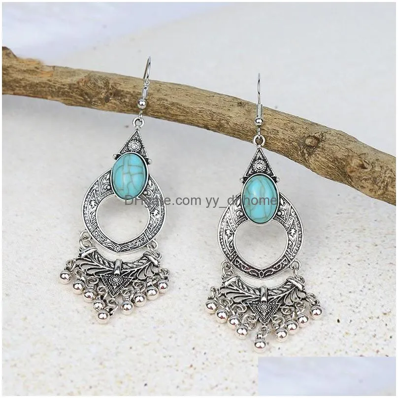 ethnic retro earrings blue turquoise gemstone handmade tassel fashion earrings hangers indian jhumka jewelry