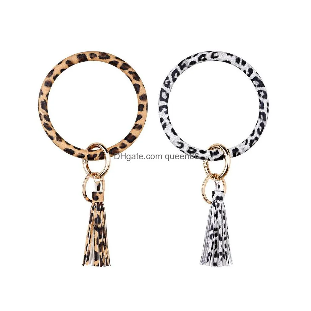 women girls leopard pu leather bracelet key ring bangle keyring tassel ring circle key ring keychain wristlet keyrings jewelry