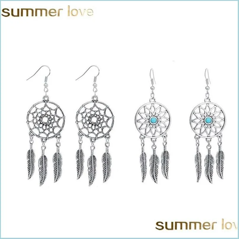 dreamcatcher feather leaf dangle earring for women silver plating long hook earring trendy jewelry wholesale