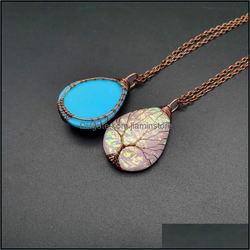 resin pendants handmade rose gold color tree of life wrapped drop shaped crystal pendant necklace