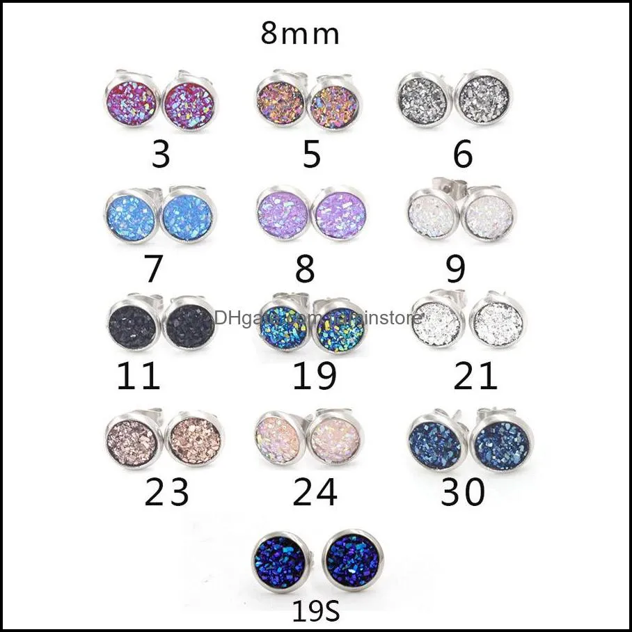 bulk women druzy stud earrings round and heart shape resin stone drop stainless steel hypoallergenic earrings for female fashion