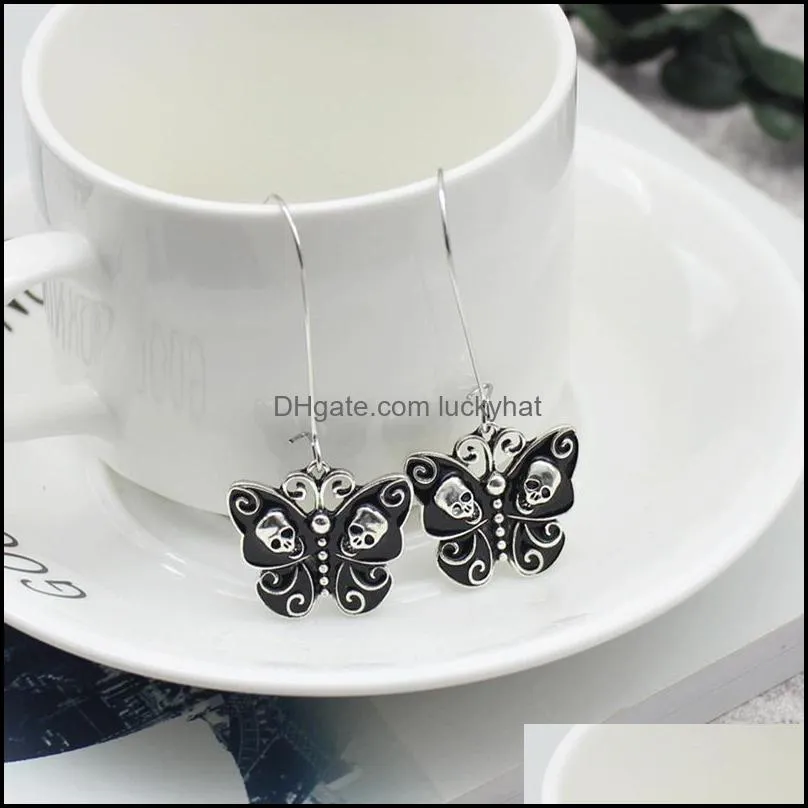 personality charm earring individual creativity black butterfly wings inlaid with skulls long pendant earrings gifts for women jewelry