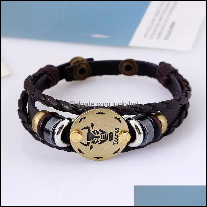 12 constellations genuine leather charm bracelets men s zodiac vintage braided rope wrap adjustable bangle for women punk diy jewelry