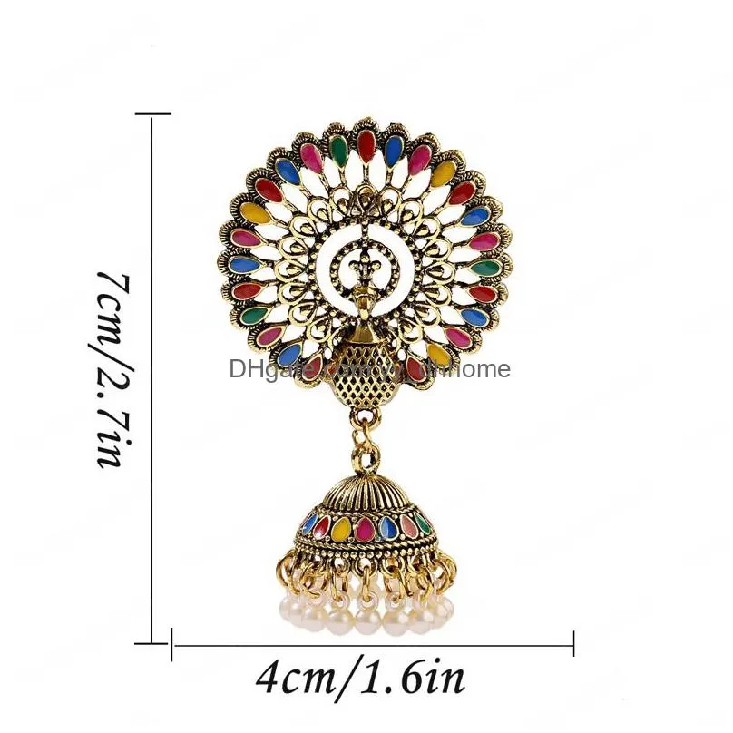 ethnic big round peacock indian antique jhumka dangle earring women vintage bohemian retro pearl tassel bell tibetan earrings