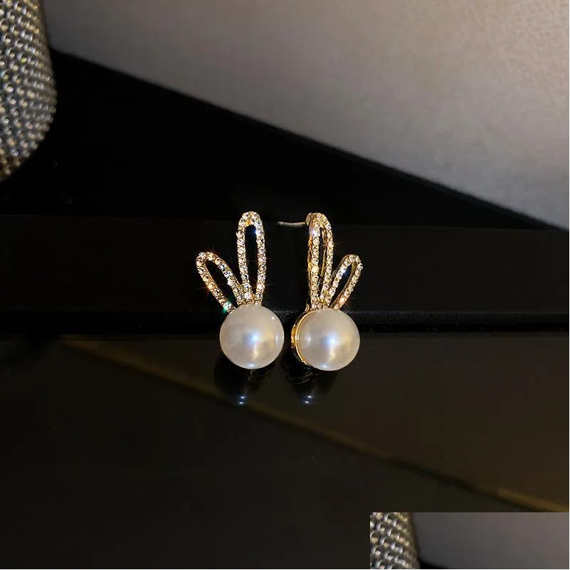 fashion jewelry s925 silver post stud earrings faux pearl cute sweet rhinestone rabbit ear earrings