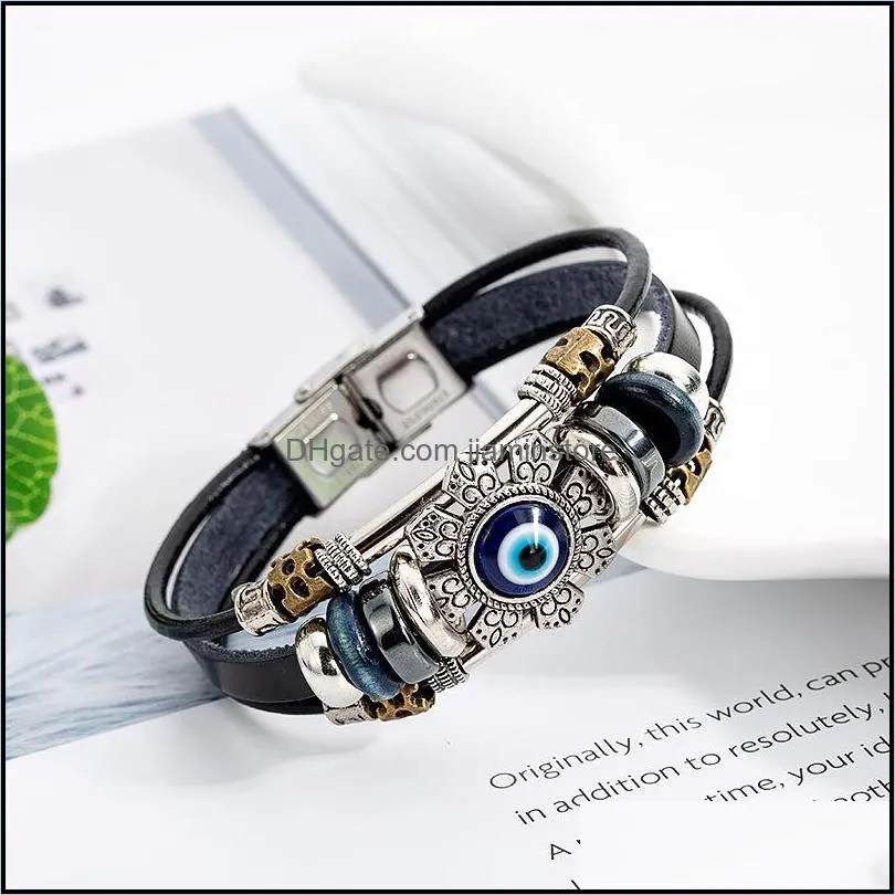 punk lucky eye turkish evil eye charm bracelets for men women handmade jewelry multilayer black leather bangle female gift