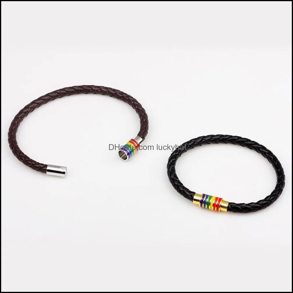 genuine leather rainbow lgbt sign charm wrap bracelets for women men gay lesbian stainless steel magnetic buckle bangle wristband