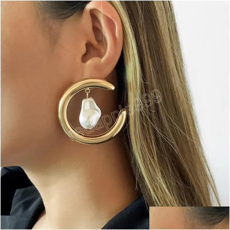 vintage geometric metal dangle earrings for women pearl big round pierced earring trend hip hop jewelry