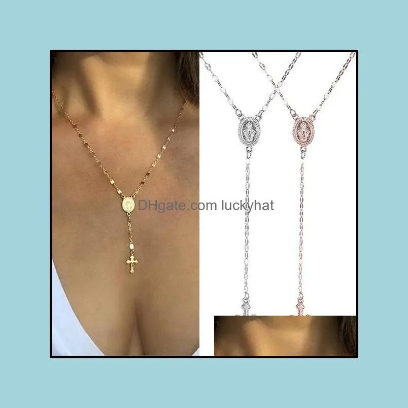  cross rosary necklace for women virgin mary virgin religious jesus crucifix pendant gold silver rose gold chains fashion jewelry