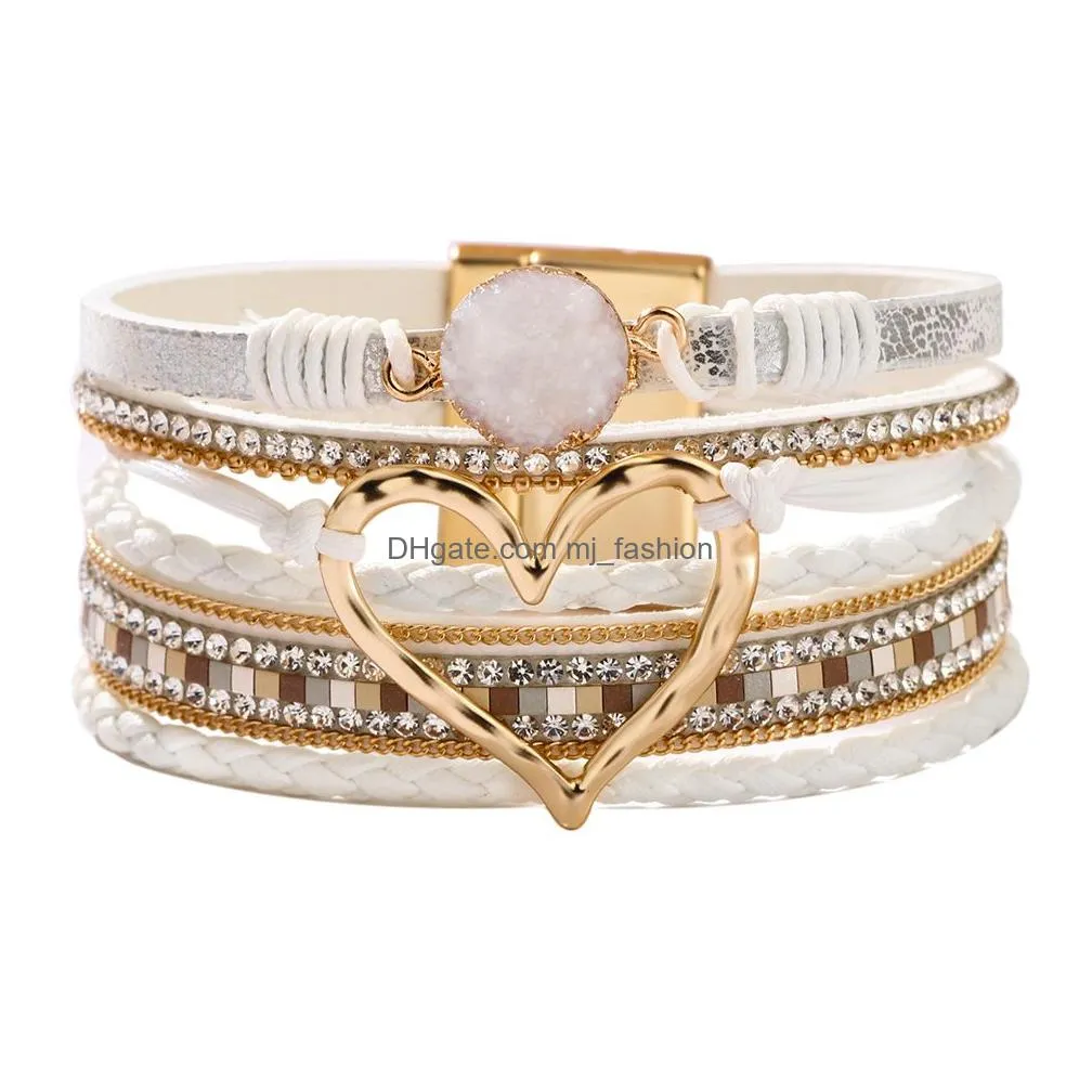 fashion jewelry pu leather bracelets for women handwoven hollowed heart rhinestone multilayer bracelet