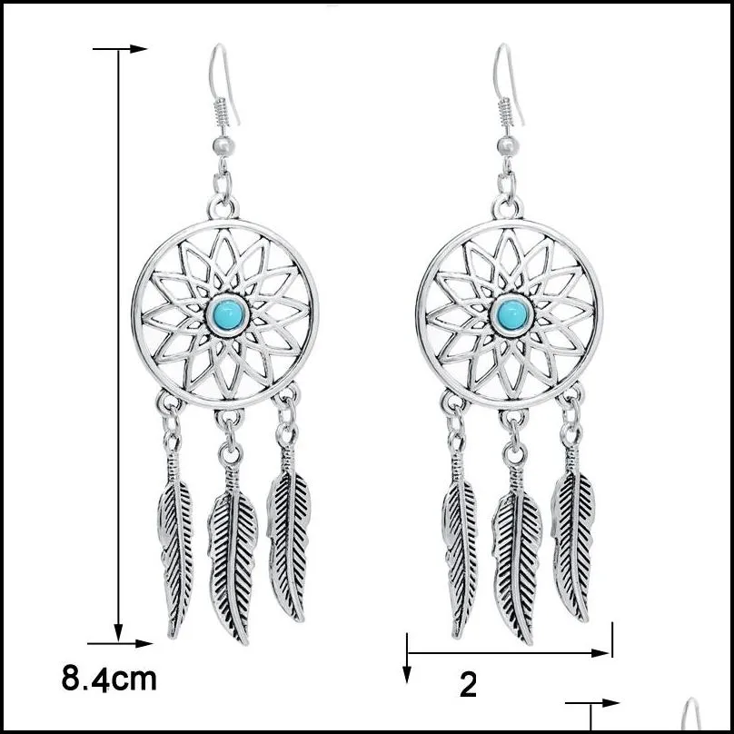 dreamcatcher feather leaf dangle earring for women silver plating long hook earring trendy jewelry wholesale