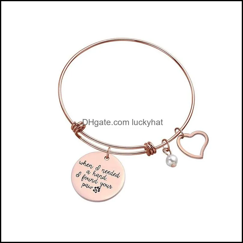 lovers heart stainless steel stretched charm bracelet bangle engraved when i needed a hand pound you paw love jewelry