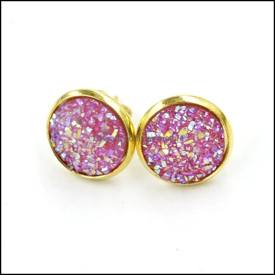 stainless steel hypoallergenic earrings 30 color 12mm druzy resin stone stud gold silver ear rings for women luxury jewelry gift