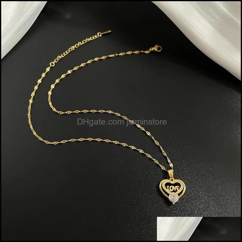 gold plated heart moon shape pendant necklace for women jewelry titanium steel zircon necklace luxury design korean elegant wholesale