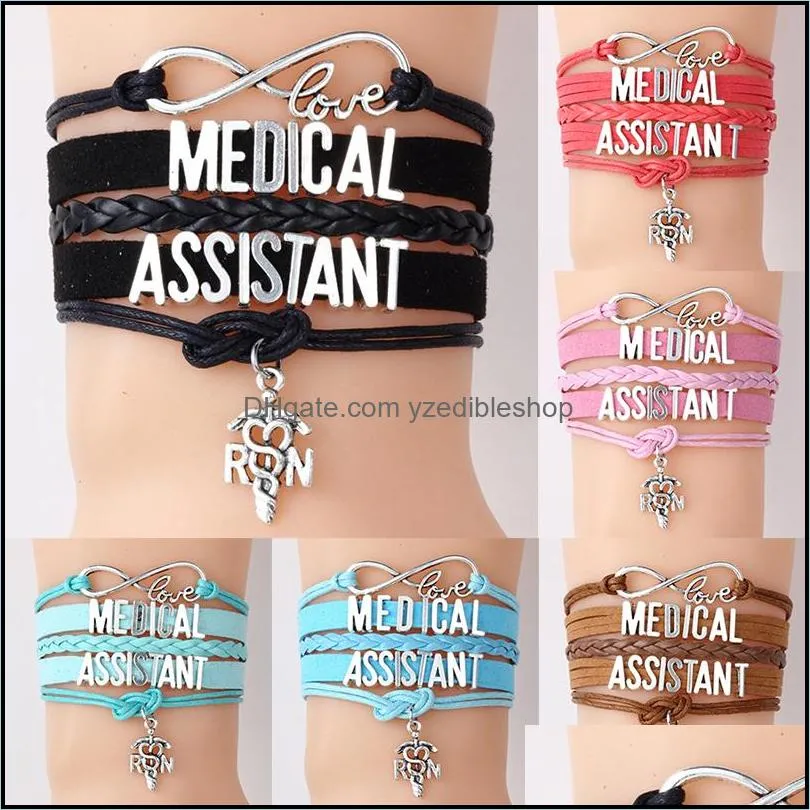 2019 medical assistant nurse bracelets rn letter charm braided leather rope wrap bangle for women fashion jewelry nurses day gift