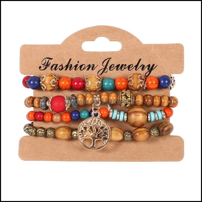 4pcs/lot vintage tree of life charm bracelets set for women wooden wood beads elasticity chains bangle fashion bohemian jewelry