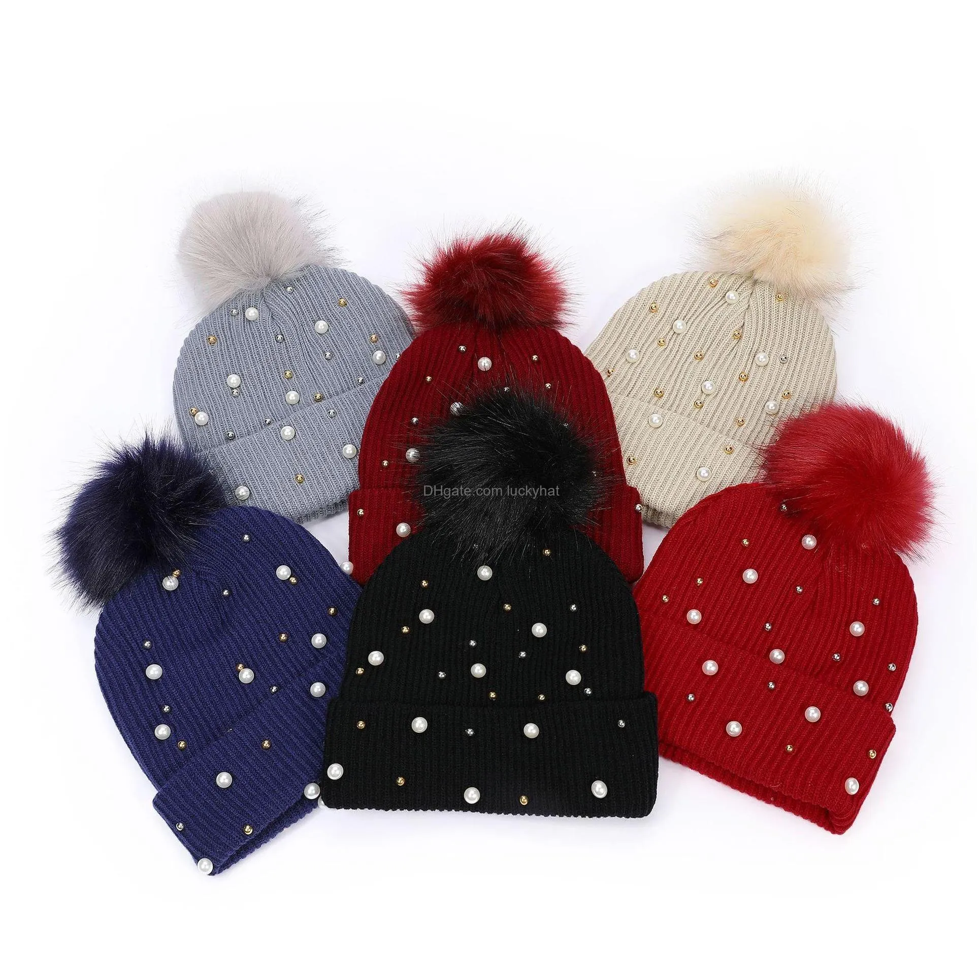 autumn winter women knitted hat faux pearl beads rivets warm beanie wool ball caps knitting hats