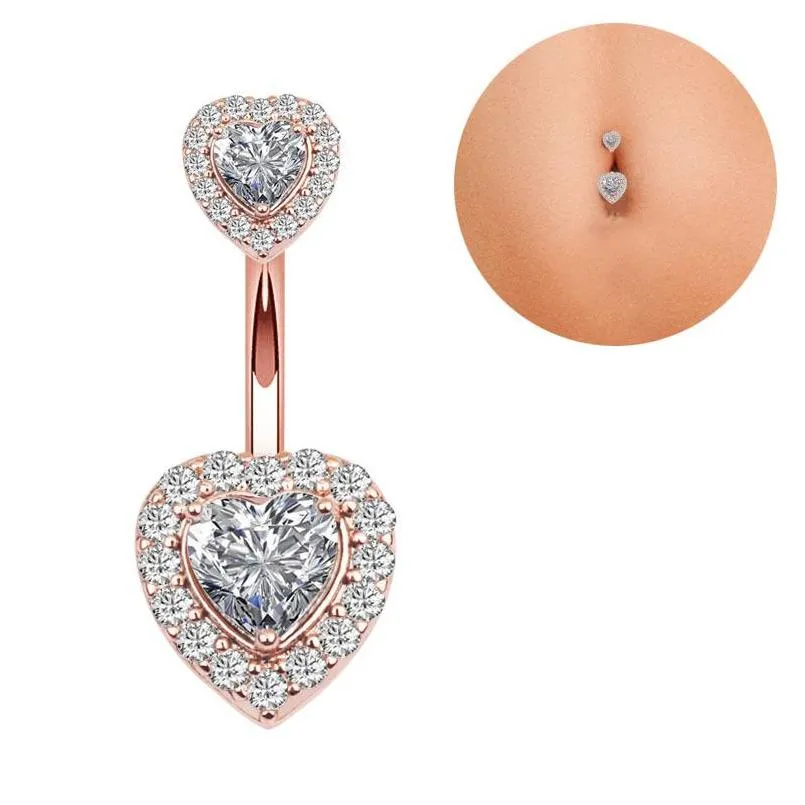 body jewelry single piece stainless steel navel belly button ring diamond zircon double heart rose gold sexy women girl pierce