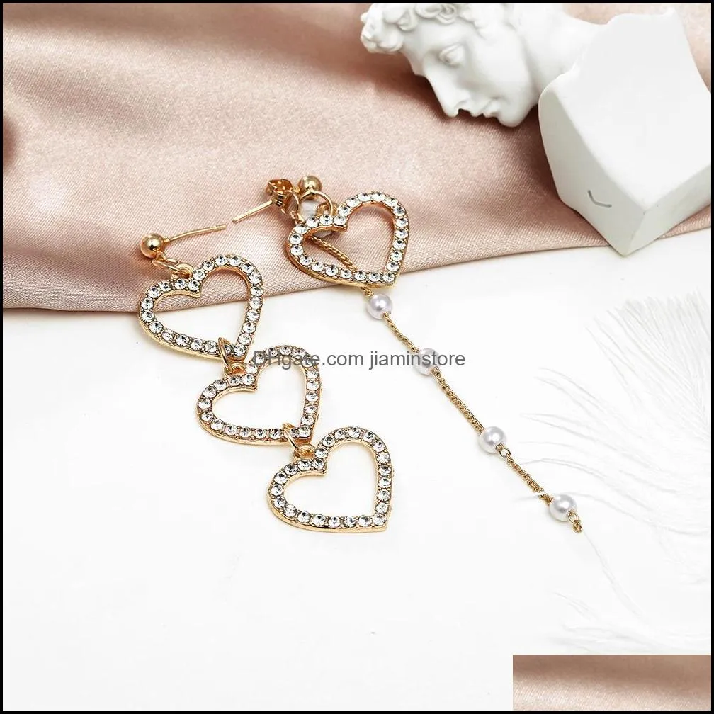 Korean Crystal Asymmetrical Heart Dangle Chandelier Earrings For