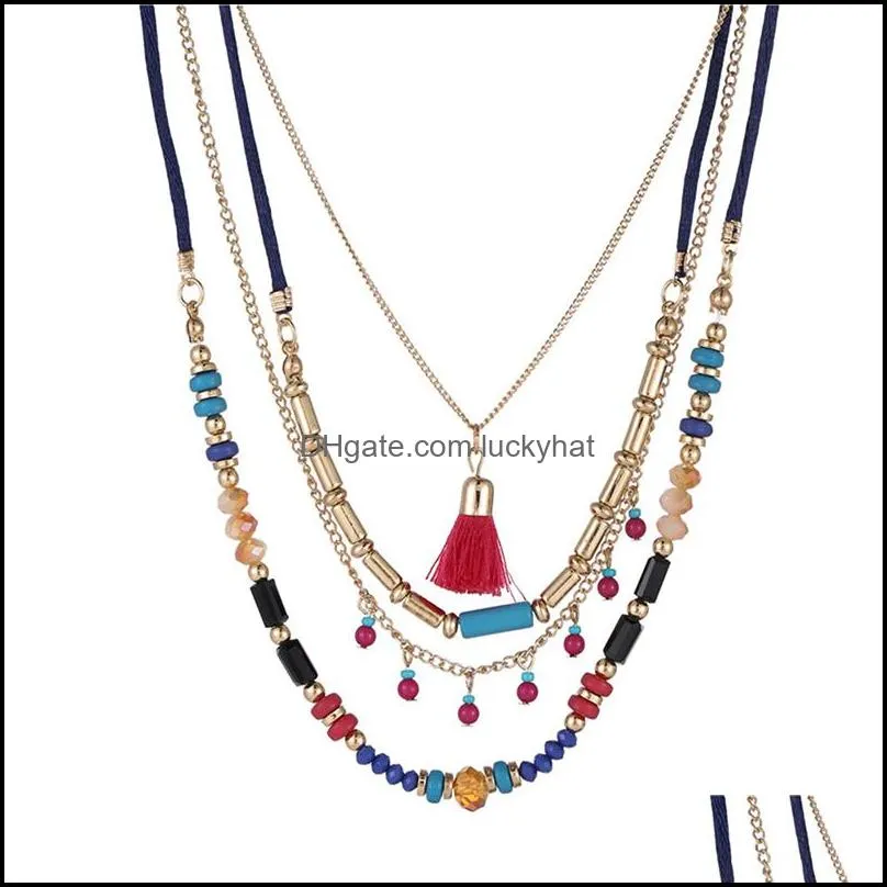 women multilayer beaded necklaces fashion bohemian ethnic style handmade tassel pendant necklace girls jewelry gift