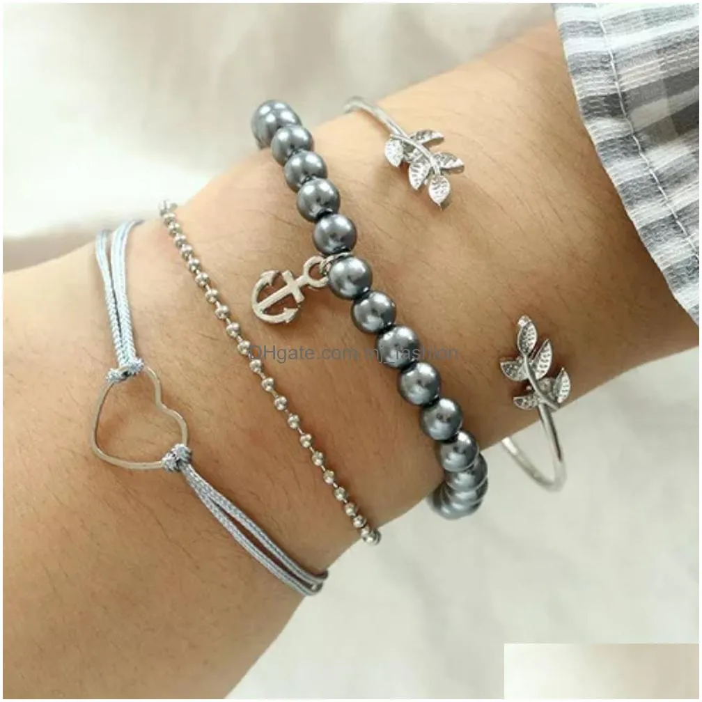 fashion jewelry vintage bracelet set leaf hollowed heart beads anchor bracelet 4pcs/set bracelets