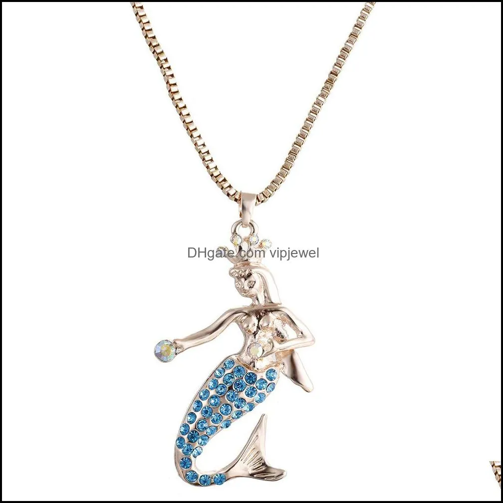 mermaid pendants necklaces for women fashion long chains necklaces enamel crystal necklace beautiful mermaid necklace vipjewel