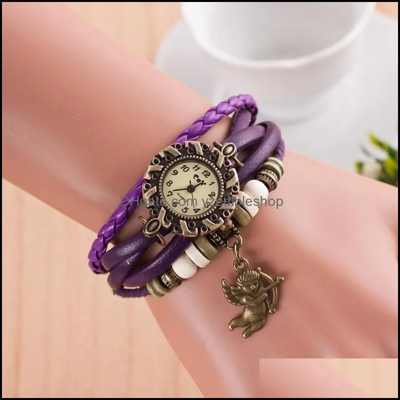 fashion womens bracelet watches multi layer leather weave punk charm bangle quartz watch for female luxury diy jewelry
