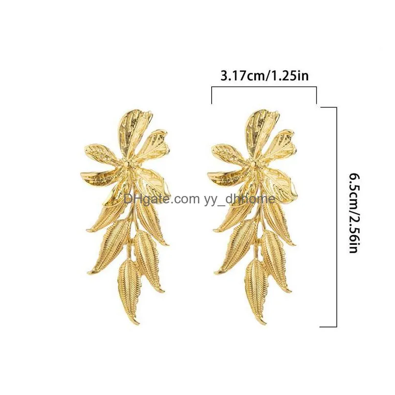 women flower gold leaf dangle earrings european alloy long tassel leaves earring stud for female party gift punk ear drop wearing jewelry