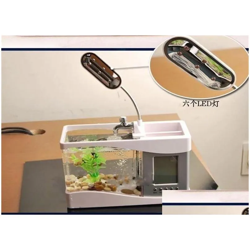 mini usb lcd desktop lamp light fish tank multifonction aquarium light led clock white/black valentine christmas days gift