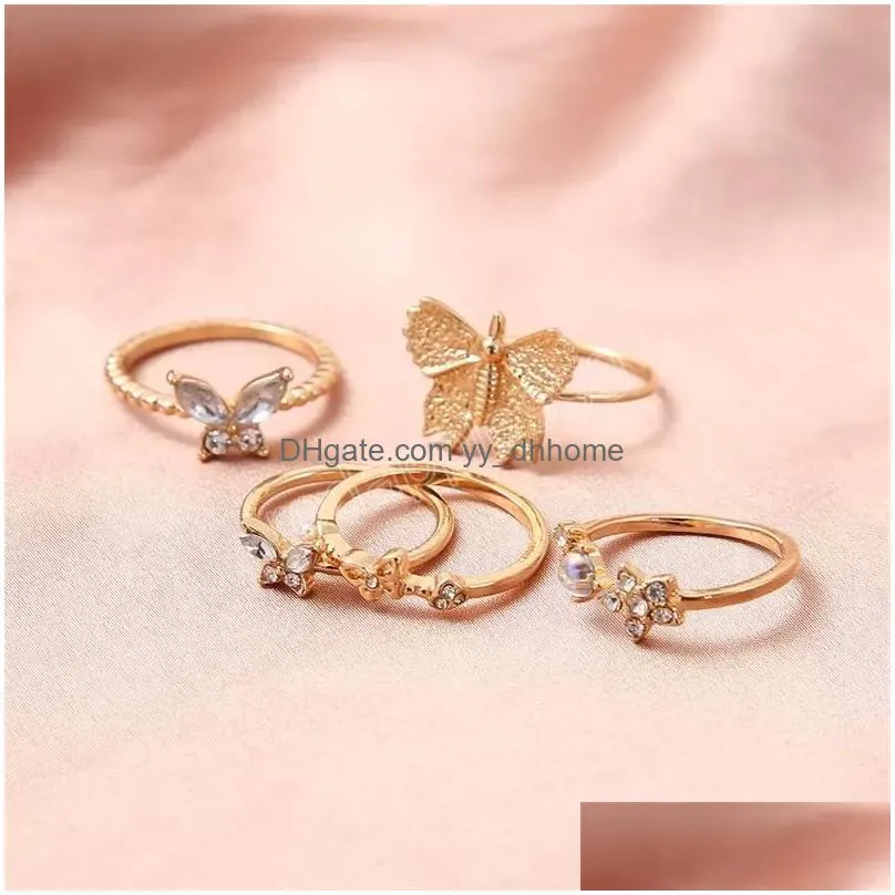 trendy crystal band rings set for women girls fashion geometric cz zircon butterfly knuckle finger rings jewelry