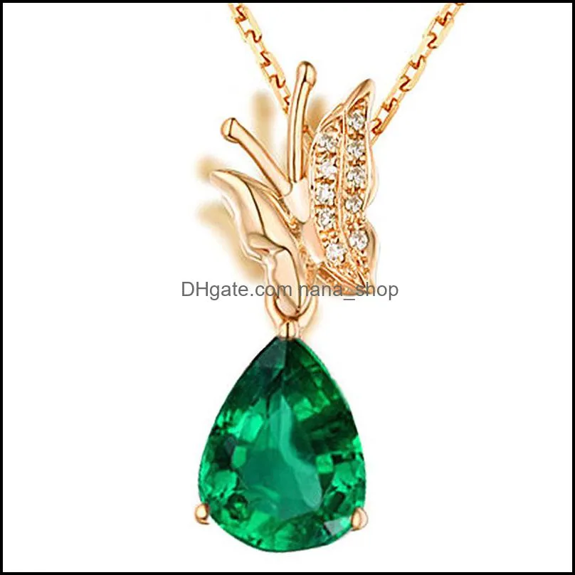 fashion and exquisite dropshaped emerald diamond necklace elegant temperament threedimensional butterfly dance color gemstone nanashop