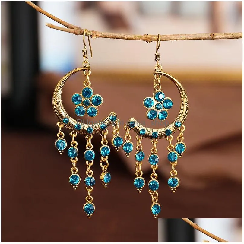 bohemian fashion jewelry vintage earrings womens rhinstone flower dangle tassels earrings