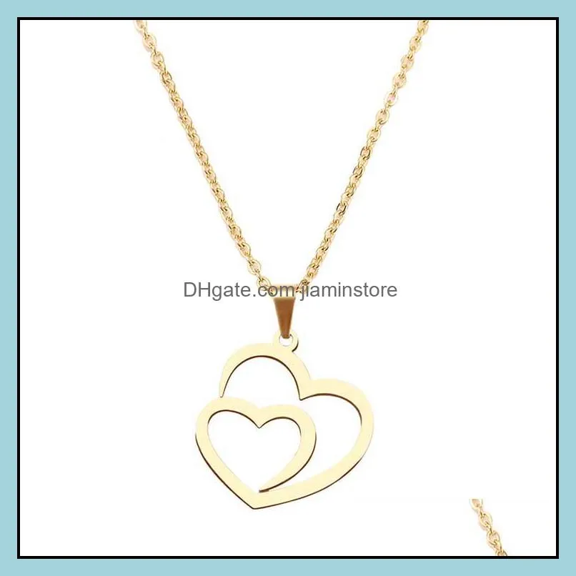 creative stainless steel necklace for women man hollow double heart rose gold choker pendant necklace engagement jewelry