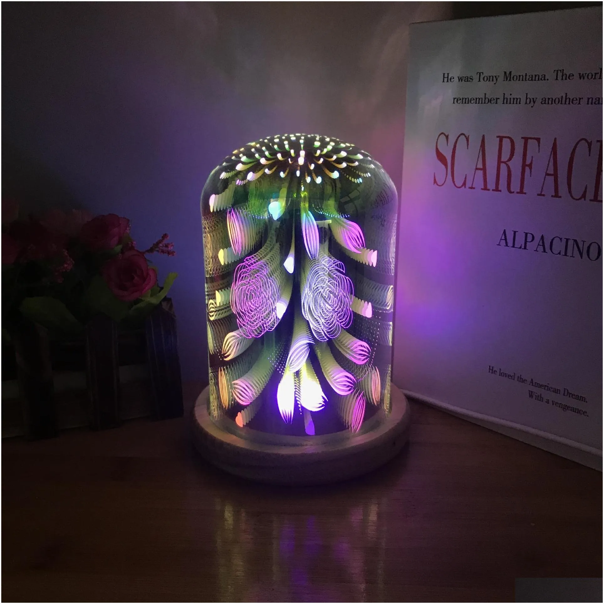  fire tree silver flower 3d colorful glass table lamp wooden creative bedside night light starry sky decoration table lamp