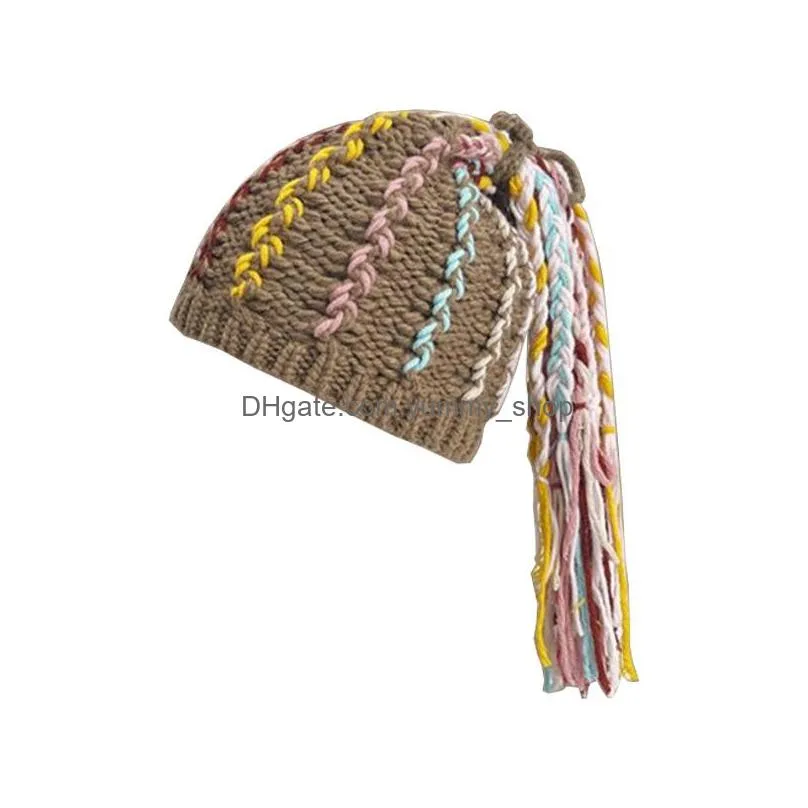 winter warm womens knitted hat sweet cool colorful tail braid wool cap hats