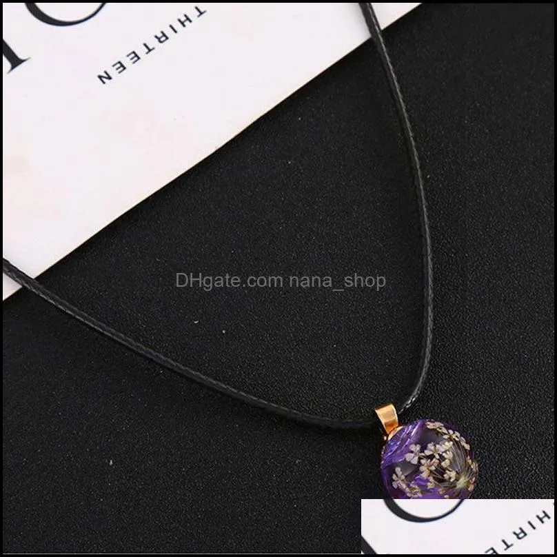 lovely real natural dried flowers round glass pendant necklaces leather rope necklaces for women girls nanashop